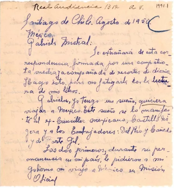 [Carta] 1950 ago., Santiago, Chile [a] Gabriela Mistral, México  [manuscrito] Alejandra Victoria.