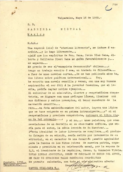[Carta] 1950 mayo. 16, Valparaíso [a] Gabriela Mistral, México  [manuscrito]Manuel Díaz-Gana.