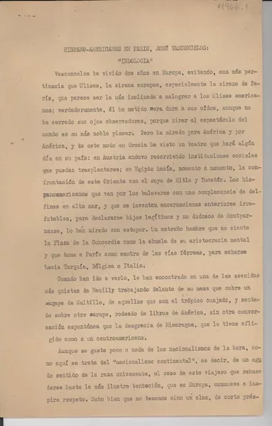 Hispano-americanos en París, José Vasconcelos : "indología" [manuscrito] Gabriela Mistral.
