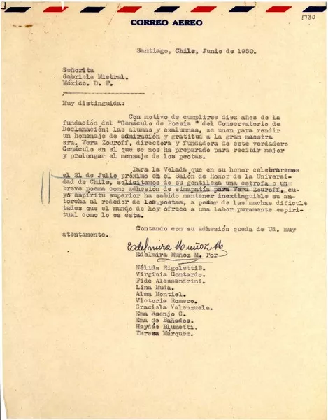 [Carta] 1950 jun, Santiago, Chile [a] Gabriela Mistral, México D.F  [manuscrito] Edelmira Muñoz ... [et al.]