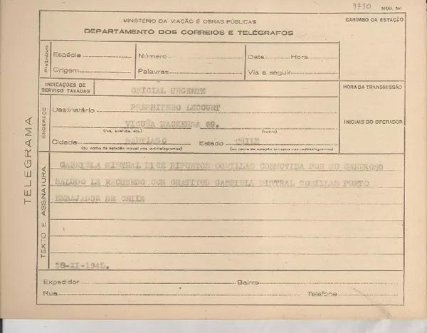 [Telegrama] 1945 nov. 28, [Brasil] [al] Presbítero Le Court, Santiago, Chile  [manuscrito] Gabriela Mistral.