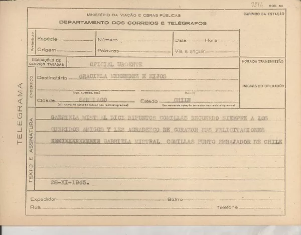 [Telegrama] 1945 nov. 28, [Brasil] [a] Graciela Menéndez e hijos, Santiago, Chile  [manuscrito] Gabriela Mistral.