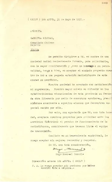 [Carta] 1951 mayo 31, Los Andes, Chile [a] Gabriela Mistral, Rapallo, Italia  [manuscrito] Hugo Monreal Porcile.