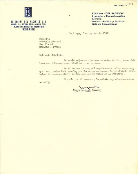 [Carta] 1951 ago. 2, Santiago, Chile [a] Gabriela Mistral, Rapallo, Italia  [manuscrito] Mario Aguirre Mac-kay.