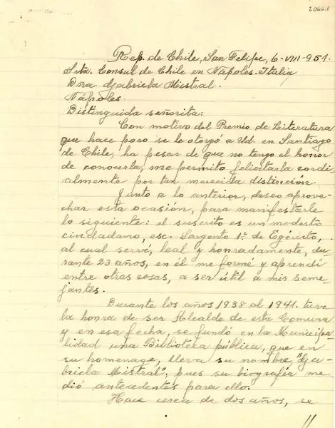 [Carta] 1951 ago. 6, San Felipe, Chile [a] Gabriela Mistral, Nápoles, Italia  [manuscrito] Ramón A. Medel Urrutia.