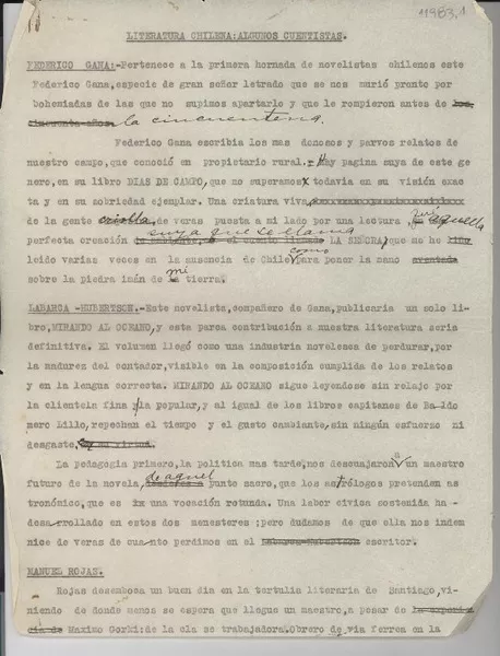 Literatura chilena : algunos cuentistas [manuscrito] Gabriela Mistral.