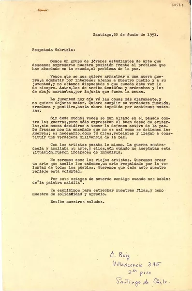 [Carta] 1951 jun. 20, Santiago, [Chile] [a] Gabriela Mistral  [manuscrito]