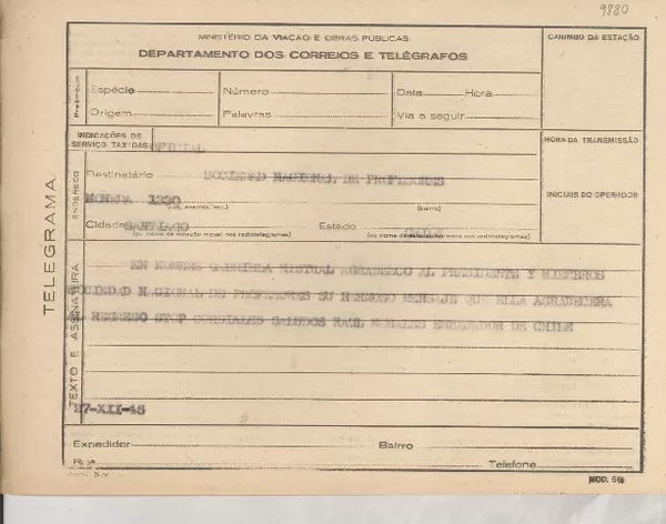 [Telegrama] 1945 dic. 27, [Brasil] [a] Sociedad Nacional de Profesores, Santiago, Chile  [manuscrito] Raúl Morales.