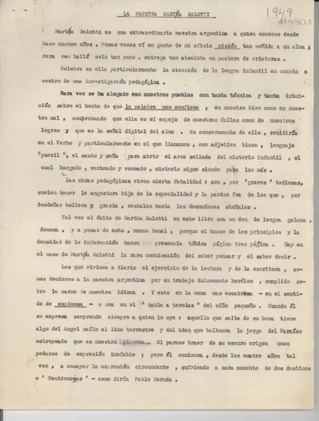 La maestra Martha Salotti  [manuscrito] Gabriela Mistral.