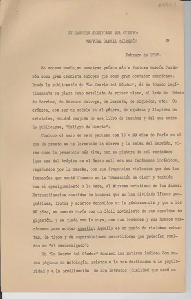Un maestro americano del cuento : Ventura García Calderón [manuscrito] Gabriela Mistral.