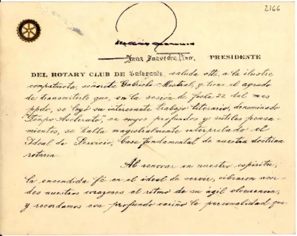 [Tarjeta] 1952 marzo, Talagante, [Chile] [a] Gabriela Mistral, Cónsul de Chile, Nápoles, Italia  [manuscrito] Juan Saavedra Pino.