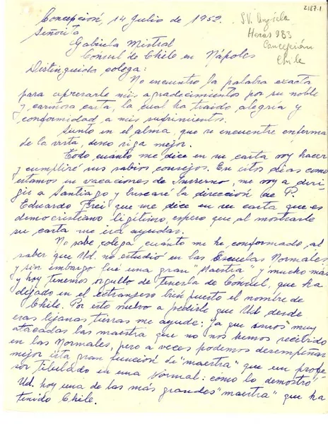 [Carta] 1952 jul. 14, Concepción [a] Gabriela Mistral, Nápoles  [manuscrito] Norma Anzieta.