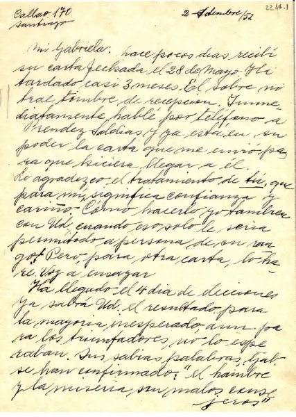[Carta] 1952 sept. 2, Santiago, [Chile] [a] Gabriela [Mistral]  [manuscrito] Sixtina [Araya].