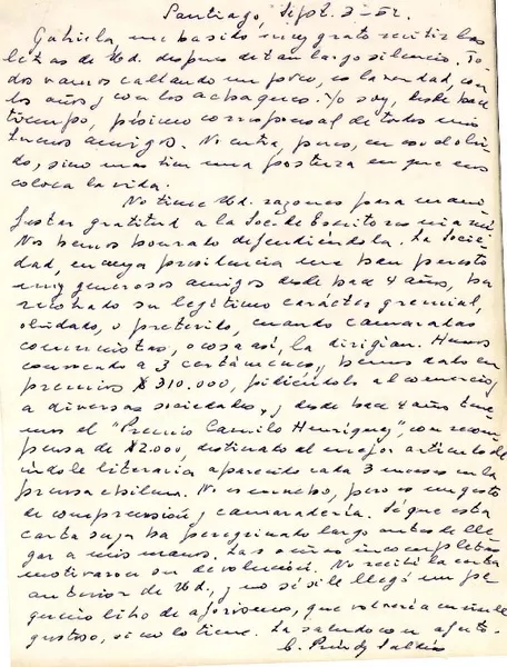 [Carta] 1952 sept. 2, Santiago, [Chile] [a] Gabriela [Mistral]  [manuscrito] Carlos Préndez Saldías.