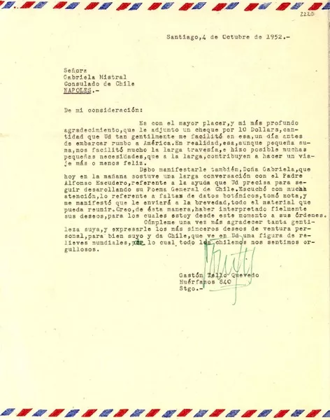 [Carta] 1952 oct. 4, Santiago, Chile [a] Gabriela Mistral, Consulado de Chile, Nápoles, [Italia]  [manuscrito] Gastón Tello Quevedo.