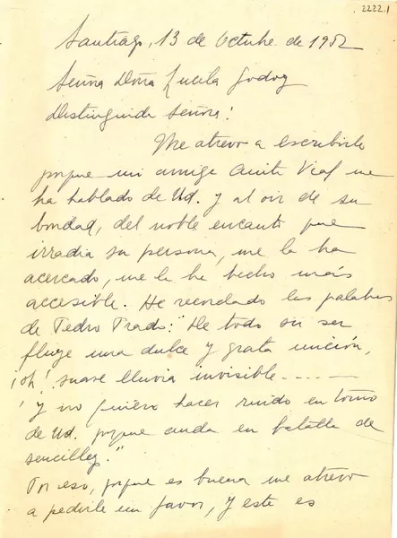 [Carta] 1952 oct. 13, Santiago, [Chile] [a] Lucila Godoy  [manuscrito] Myla Calvo Larraín.