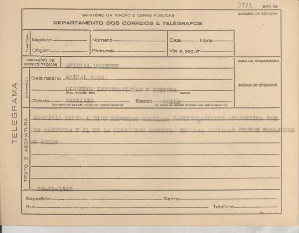 [Telegrama] 1945 nov. 20, [Brasil] [a] Anibal Jara, Santiago, Chile  [manuscrito] Gabriela Mistral.