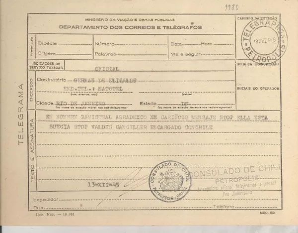 [Telegrama] 1945 dic. 13, Petrópolis [a] Germán de Elizalde, Río de Janeiro  [manuscrito] Valdés, Canciller encargado.