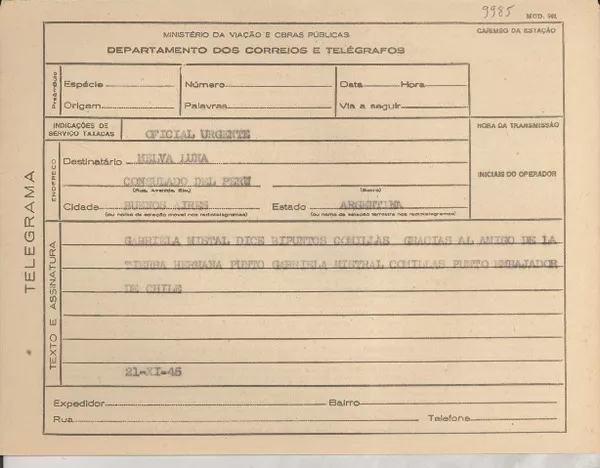 [Telegrama] 1945 nov. 21, [Brasil] [a] Melva Luna, Buenos Aires, Argentina  [manuscrito] Gabriela Mistral.