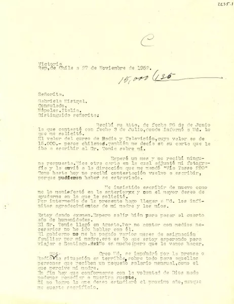 [Carta] 1952 nov. 27, Victoria, Chile [a] Gabriela Mistral, Nápoles, Italia  [manuscrito] Luis W. García Cárcamo.