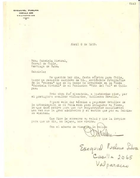 [Carta] 1953 abr. 6, Valparaíso, [Chile] [a] Gabriela Mistral, Santiago de Cuba, Cuba  [manuscrito] Exequiel Puelma Silva.
