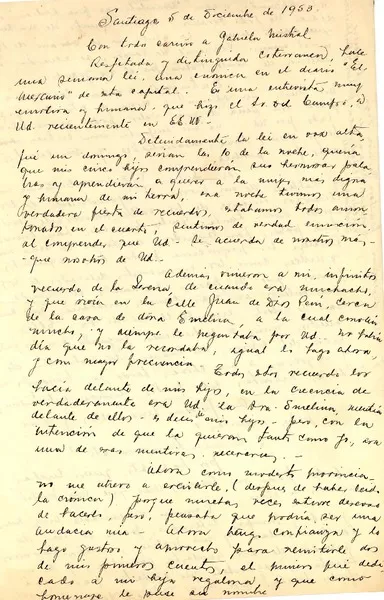 [Carta] 1953 dic. 5, Santiago [a] Gabriela Mistral  [manuscrito] Lautaro Pereira Vega.