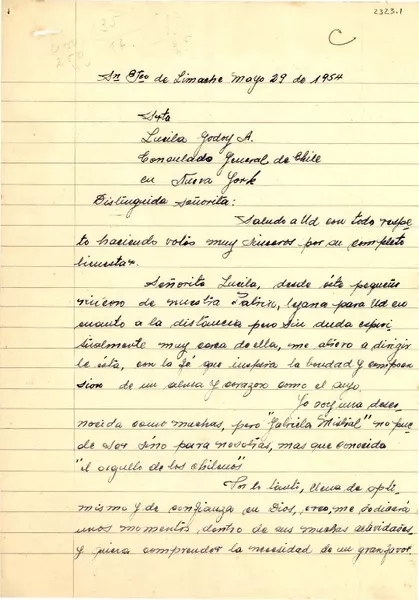 [Carta] 1954 mayo 29, San Francisco de Limache, [Chile] [a] Lucila Godoy A., Consulado General de Chile, Nueva York, [EE.UU.]  [manuscrito] Teresa Rodríguez P.