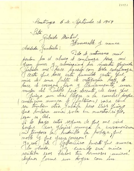 [Carta] 1954 sept. 6, Santiago [a] Gabriela Mistral  [manuscrito] Clorinda Vera vda. de Consuegra.
