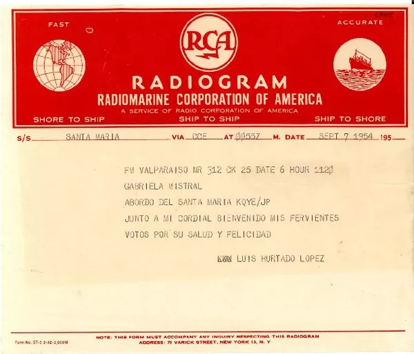 [Telegrama] 1954 sept. 7, Valparaíso [a] Gabriela Mistral abordo del Santa María  [manuscrito] Luis Hurtado López.