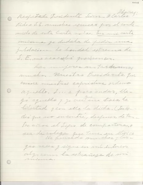 [Carta] [al] Presidente Don Carlos Ibáñez [del Campo]  [manuscrito] [Gabriela Mistral].