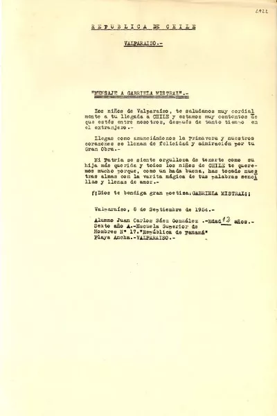 Mensaje a Gabriela Mistral  [manuscrito] Juan Carlos Sáez González.
