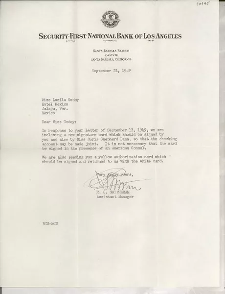 [Carta] 1949 Sept. 21, Santa Barbara, California, [Estados Unidos] [a] Lucila Godoy, Jalapa, Veracruz, México  [manuscrito] R. C. Smitheram.