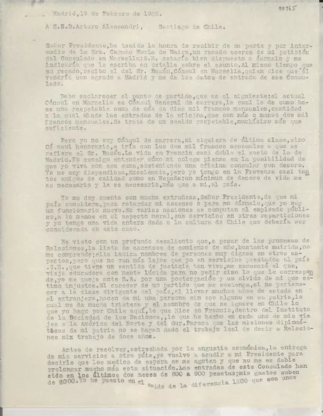 [Carta] 1935 feb. 19, Madrid, [España] [a] Arturo Alessandri, Santiago, Chile  [manuscrito] [Gabriela Mistral].