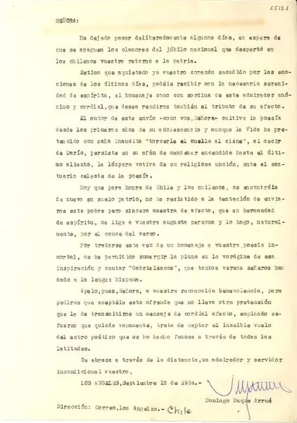 [Carta] 1954 sept. 12, Los Angeles, Chile [a] [Gabriela Mistral]  [manuscrito] Domingo Duque Arrué.