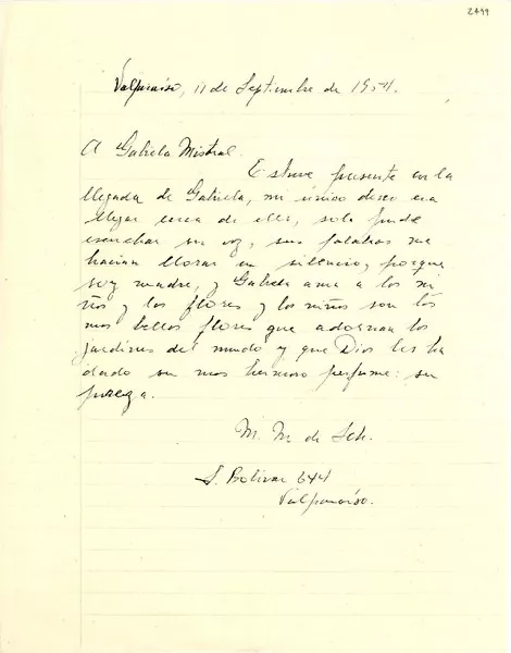 [Carta] 1954 sept. 11, Valparaíso [a] Gabriela Mistral  [manuscrito]