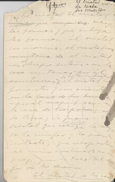 Elogios : El cristal, la leche, los muertos [manuscrito] [Gabriela Mistral].