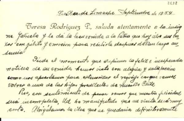 [Tarjeta] 1954 sept, Limache [a] Gabriela Mistral  [manuscrito] Teresa Rodríguez P.