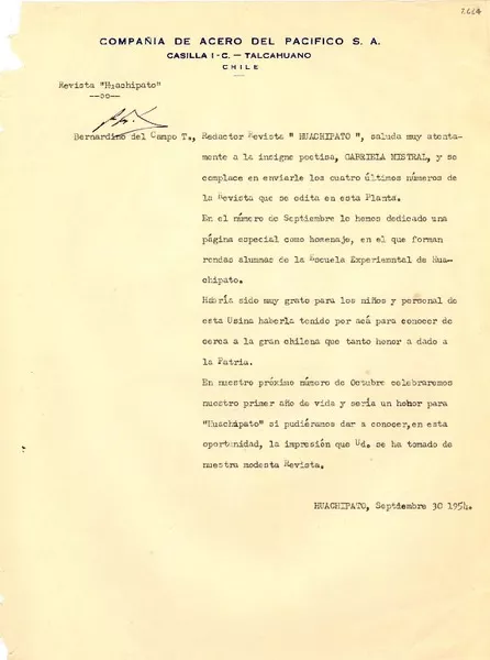 [Carta] 1954 sept. 30, Talcahuano [a] Gabriela Mistral  [manuscrito] Bernardino Del Campo.