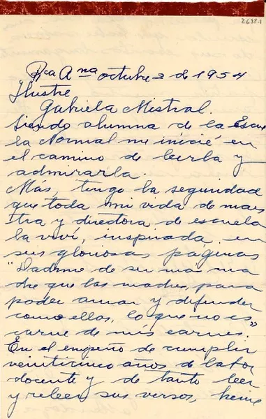 [Carta] 1954 oct. 2, Mendoza, Argentina [a] Gabriela Mistral  [manuscrito] María B. de Vásquez C.