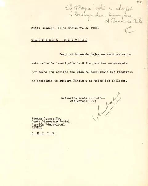 [Carta] 1954 nov. 15, Sewell, Chile [a] Gabriela Mistral  [manuscrito] Galvarino Montaldo Bustos.