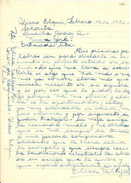 [Carta] 1956 feb. 19, Pisco Elqui, [Chile] [a] Lucila Godoy A., Nueva York, [EE.UU.]  [manuscrito] Elisa Vallejos M.