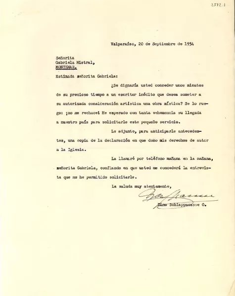 [Carta] 1954 sep. 20, Valparaíso [a] Gabriela Mistral, Montemar  [manuscrito] Dino O. Schiappacasse.