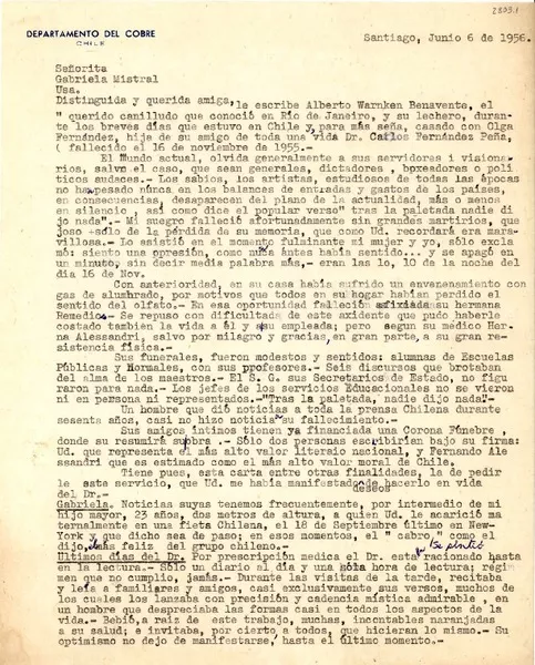 [Carta] 1956 jun. 6, Santiago, Chile [a] Gabriela Mistral, [EE.UU.]  [manuscrito] Alberto Warnken Benavente.