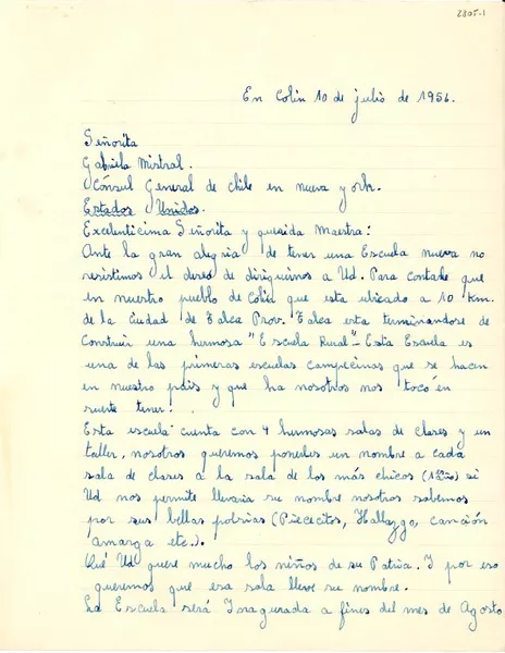 [Carta] 1956 jul. 10, Colín, Chile [a] Gabriela Mistral, Nueva York, Estados Unidos  [manuscrito] Yolanda Riqulmes [i.e. Riquelmes].