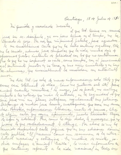[Carta] 1956 jul. 19, Santiago, [Chile] [a] [Gabriela Mistral]  [manuscrito] Ginebra Burotto.