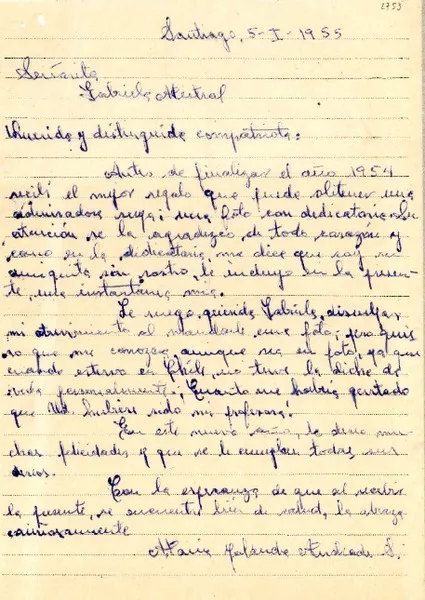 [Carta] 1955 ene. 5, Santiago [a] Gabriela Mistral  [manuscrito] María Yolanda Andrade.