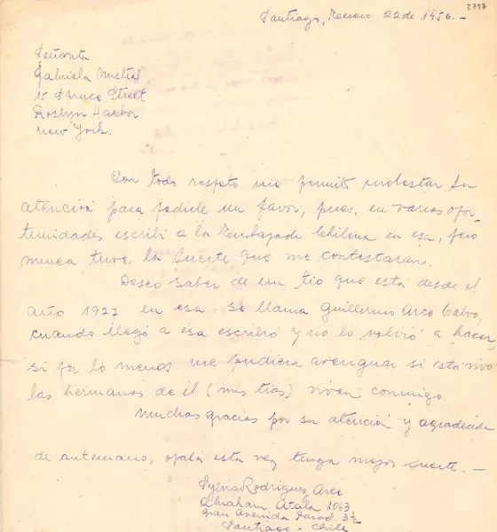[Carta] 1956 ene. 22, Santiago, Chile [a] Gabriela Mistral, New York  [manuscrito] Sylvia Rodríguez Arce.