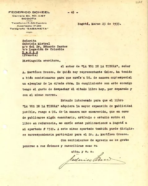[Carta] 1933 mar. 25, Bogotá, [Colombia] [a] Gabriela Mistral, París, Francia  [manuscrito] Federico Scheel.