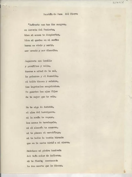 Canción de cuna del ciervo  [manuscrito] [Gabriela Mistral].