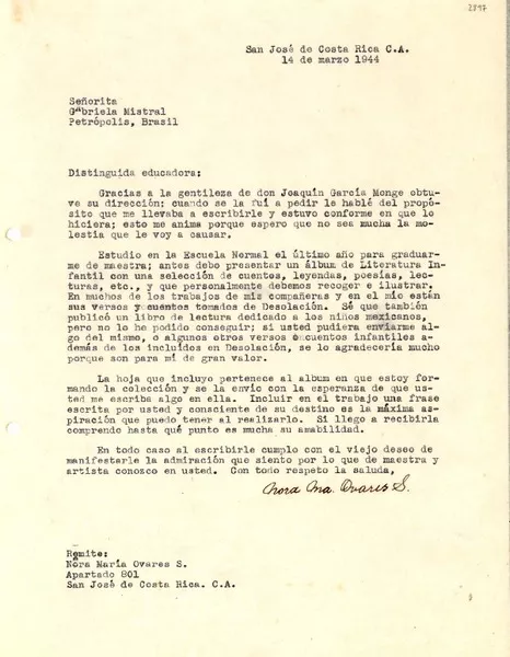 [Carta] 1944 mar. 14, San José, Costa Rica [a] Gabriela Mistral, Petrópolis, Brasil  [manuscrito] Nora María Ovares S.
